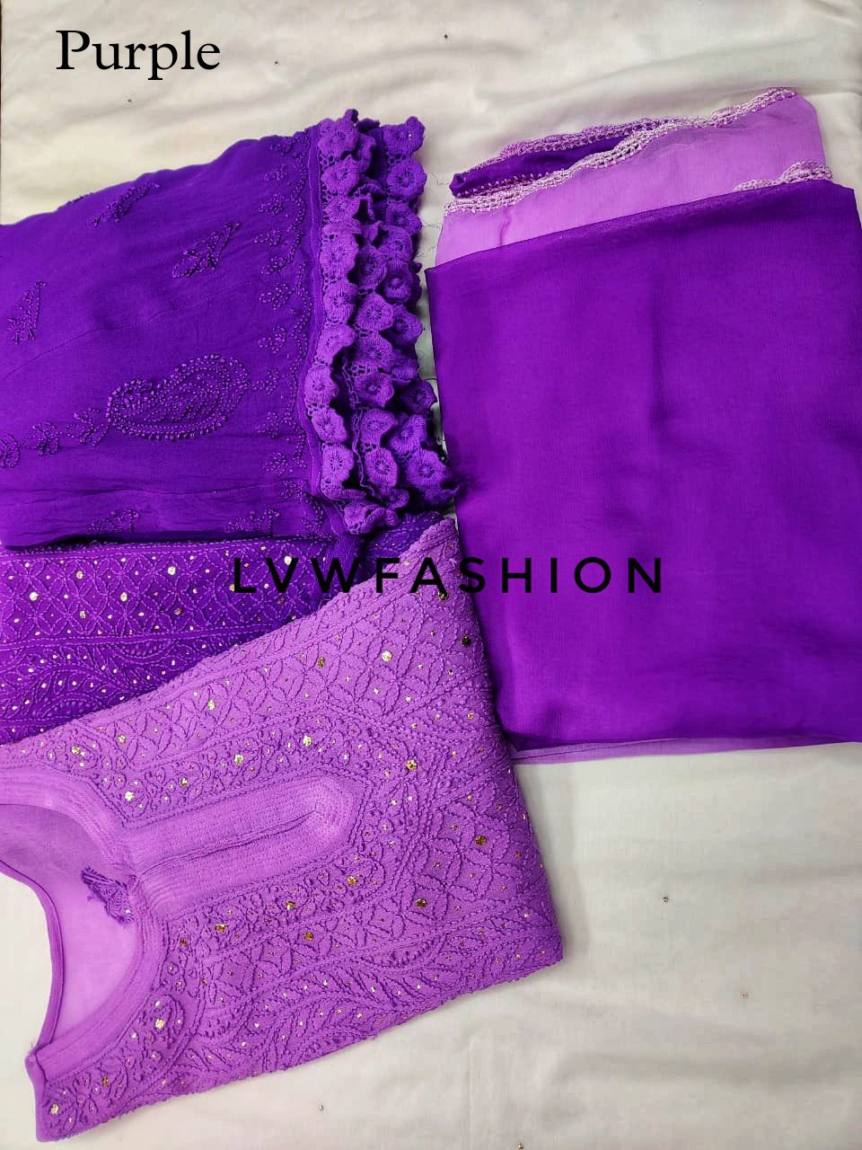 Bright red colorful premium georgette 3-piece set by LVW Fashion Luxurious Chikankari, featuring intricate embroidery and elegant design.