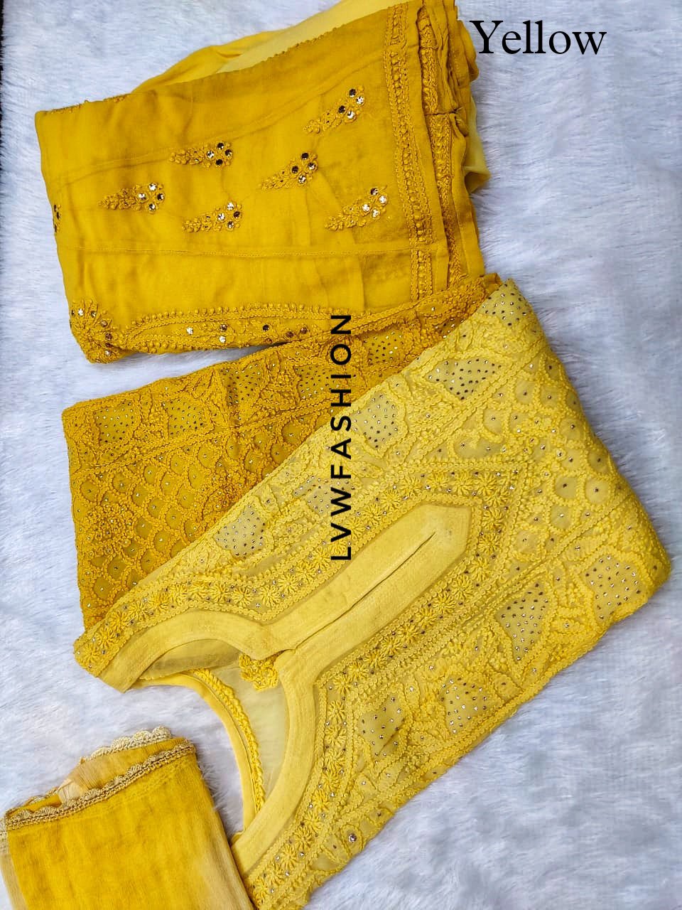 Colorful premium georgette 3-piece set by LVW Fashion, featuring vibrant red hues and intricate chikankari embroidery.