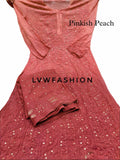 Colorful premium georgette 3-piece set by LVW Fashion, featuring intricate chikankari embroidery in red.