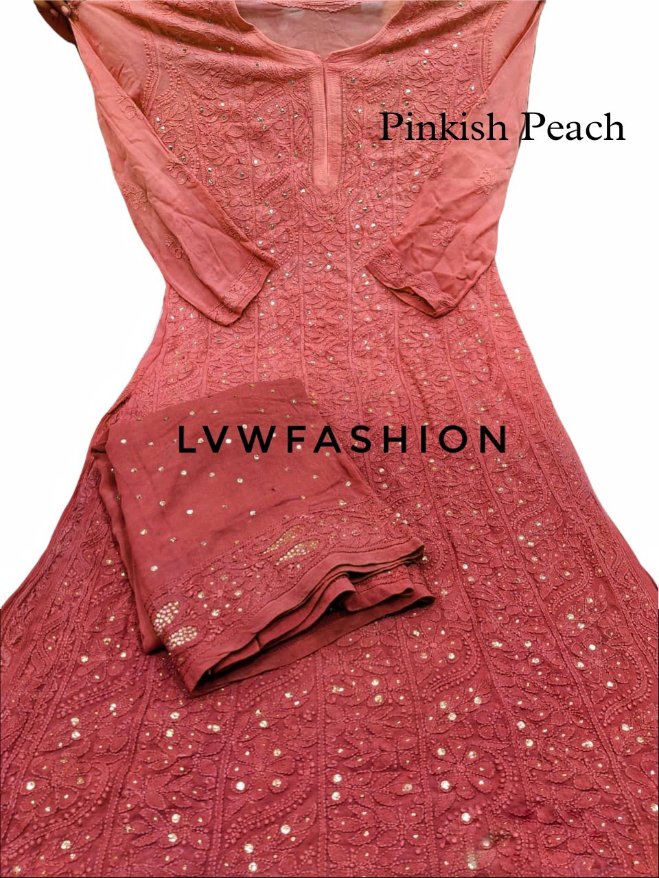 Colorful premium georgette 3-piece set by LVW Fashion, featuring intricate chikankari embroidery in red.