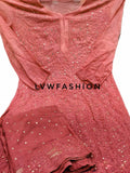 Colorful premium georgette 3-piece set by LVW Fashion Luxurious Chikankari featuring vibrant red fabric and intricate design details.