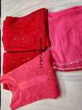 Colorful premium georgette 3-piece set by LVW Fashion featuring vibrant red fabric and intricate chikankari embroidery.
