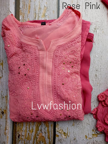 Luxurious LVW Fashion Chikankari Georgette Kurta in rose pink with two beautiful color options, showcasing intricate embroidery.