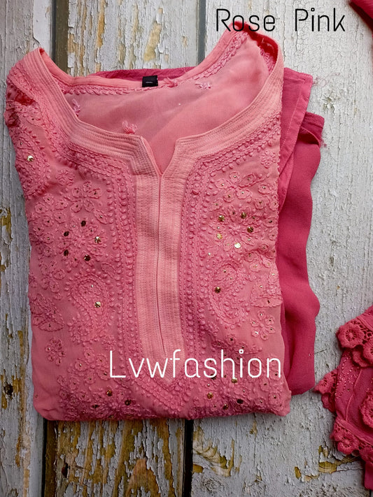 Elegant two-tone premium georgette Kurta by LVW Fashion with intricate Chikankari embroidery, showcased in a detailed front view.