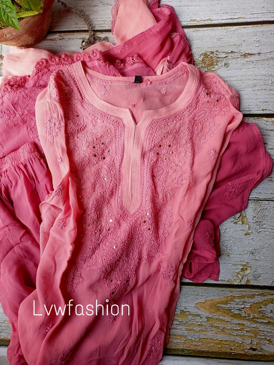 Elegant two-color georgette kurta by LVW Fashion with intricate chikankari embroidery, shown in a close-up image.
