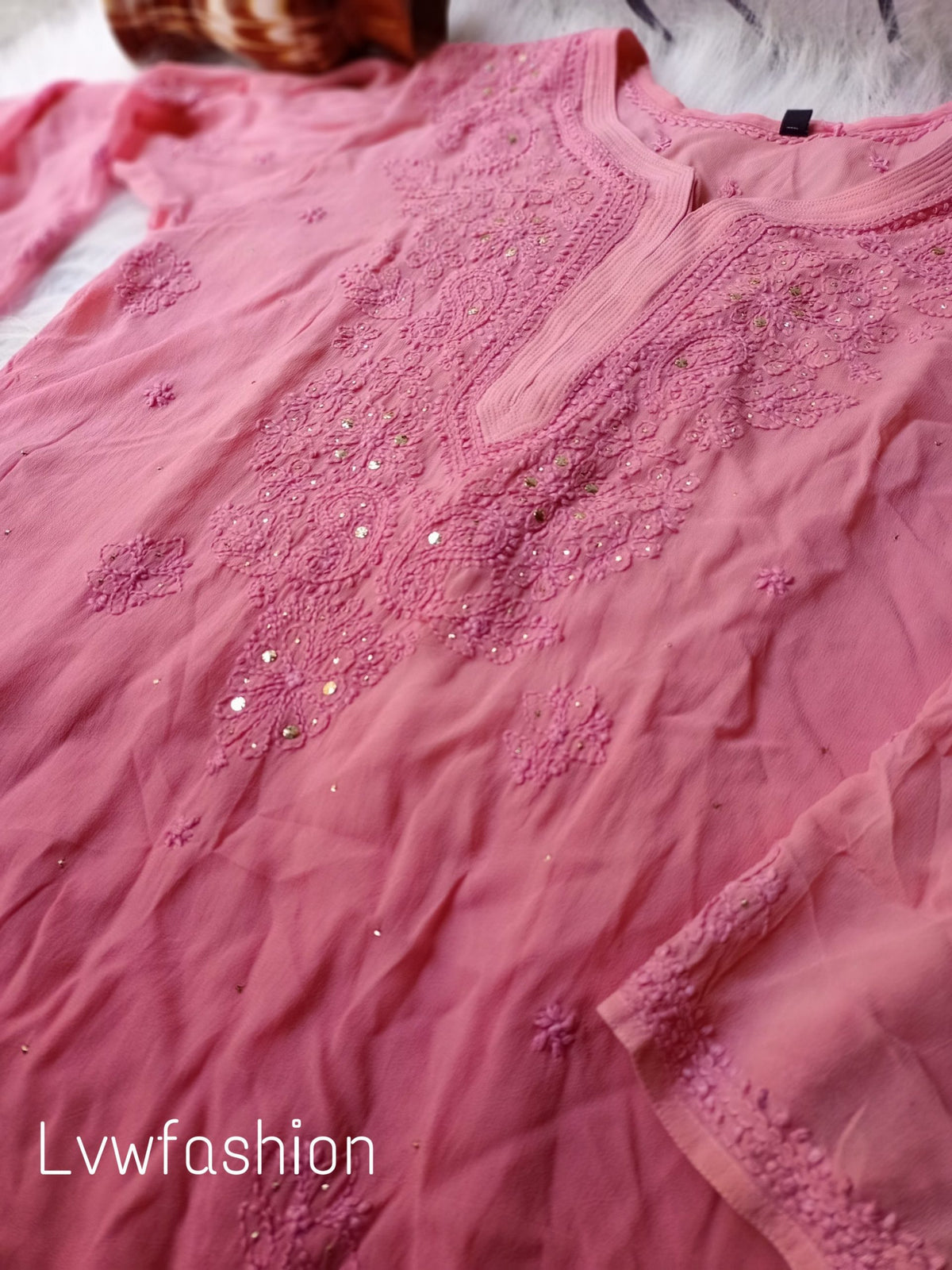 Beautiful two-colour rose pink georgette kurta with intricate chikankari embroidery by LVW Fashion Luxurious.