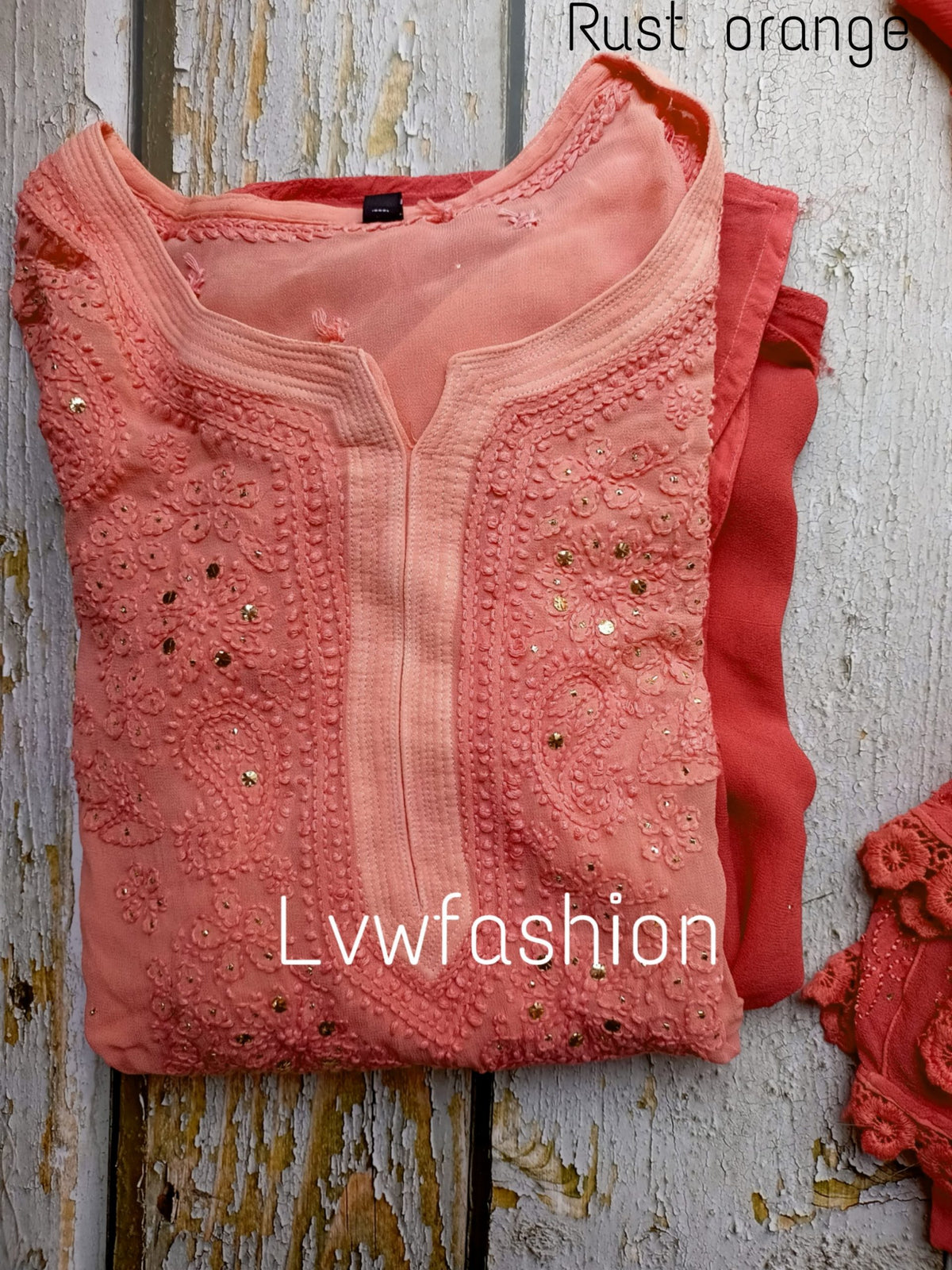 Luxurious LVW Fashion Chikankari Georgette Kurta in rose pink and cream, featuring elegant two-tone design and intricate embroidery.