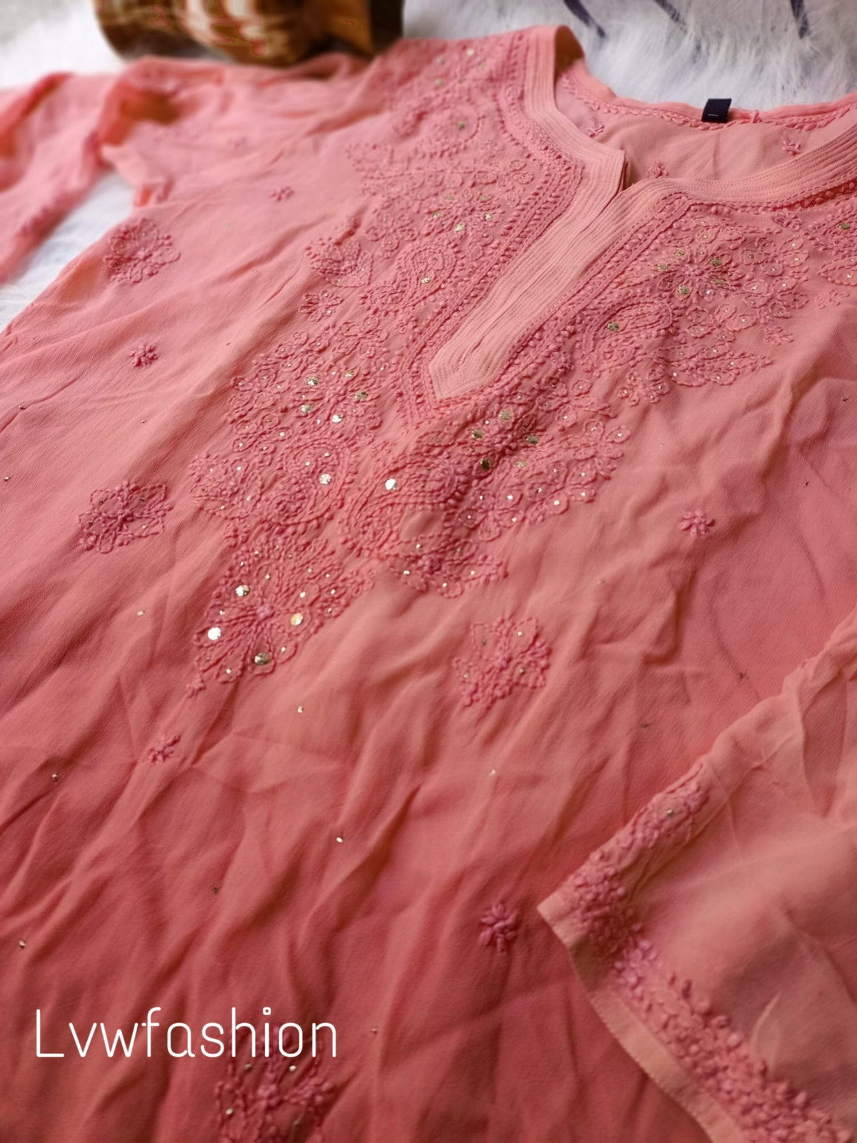 Elegant two-colours premium georgette kurta with intricate Chikankari embroidery in rose pink, by LVW Fashion Luxurious Chikankari.