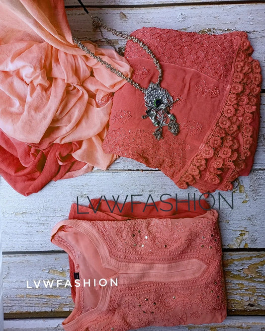 Rust orange premium georgette 3-piece set with intricate chikankari embroidery by LVW Fashion, featuring elegant traditional design.