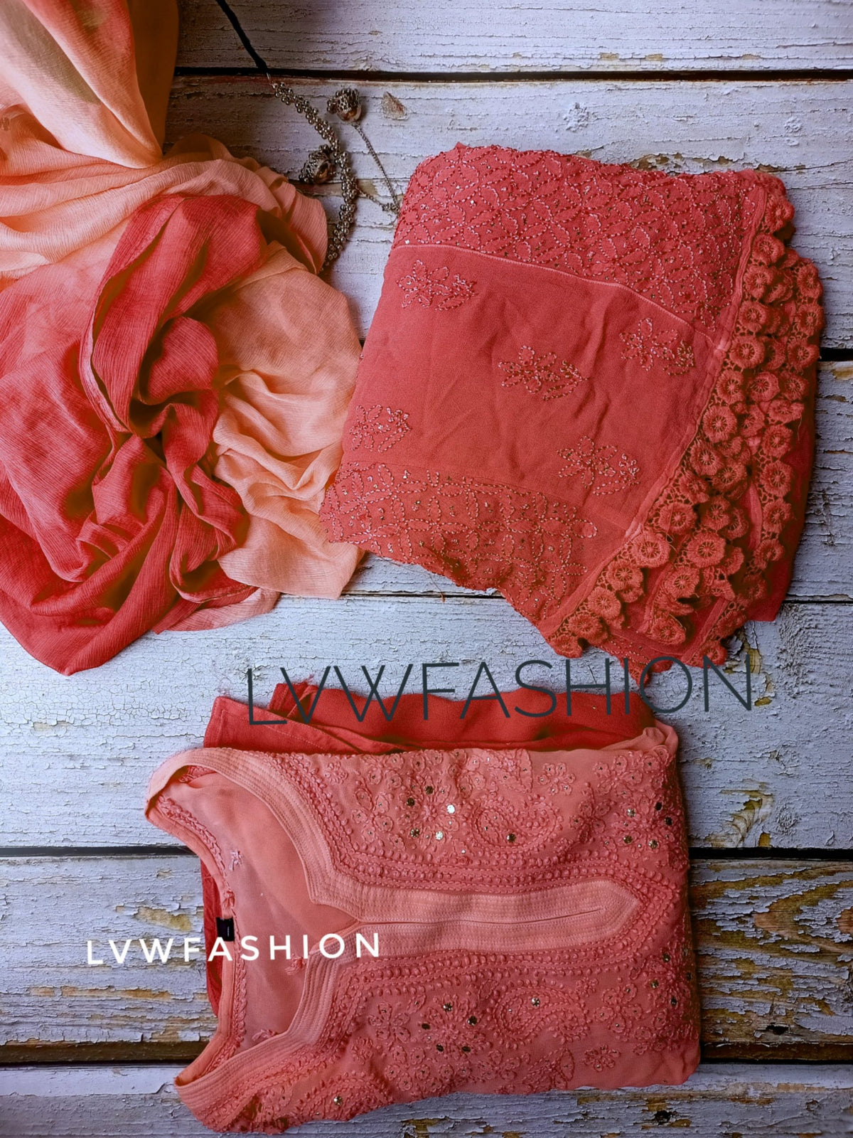 Rust orange premium georgette 3-piece set by LVW Fashion with luxurious chikankari embroidery, elegant and traditional attire.