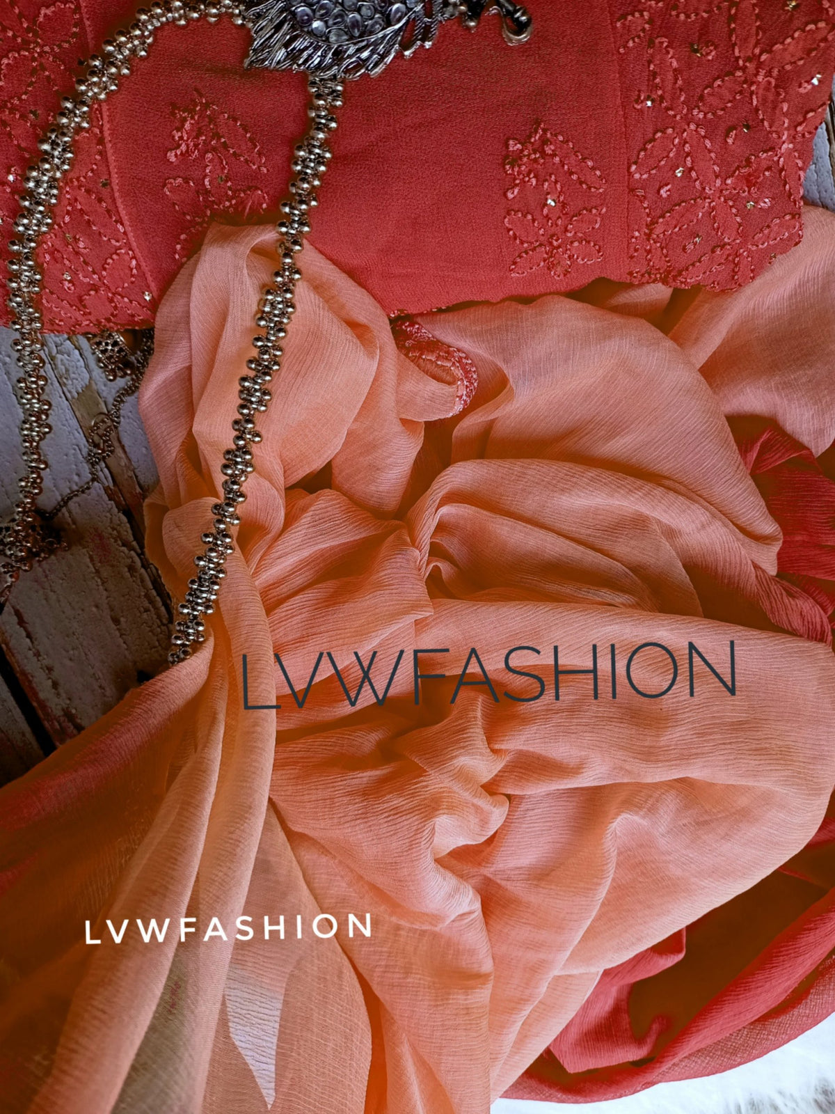 Rust orange premium georgette 3-piece set with intricate chikankari embroidery, by LVW Fashion Luxurious Chikankari.