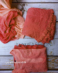 Rust orange premium georgette 3-piece set by LVW Fashion with intricate chikankari embroidery, elegant and luxurious.