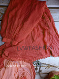 Rust orange premium georgette 3-piece set by LVW Fashion Luxurious Chikankari, featuring intricate embroidery and elegant design.