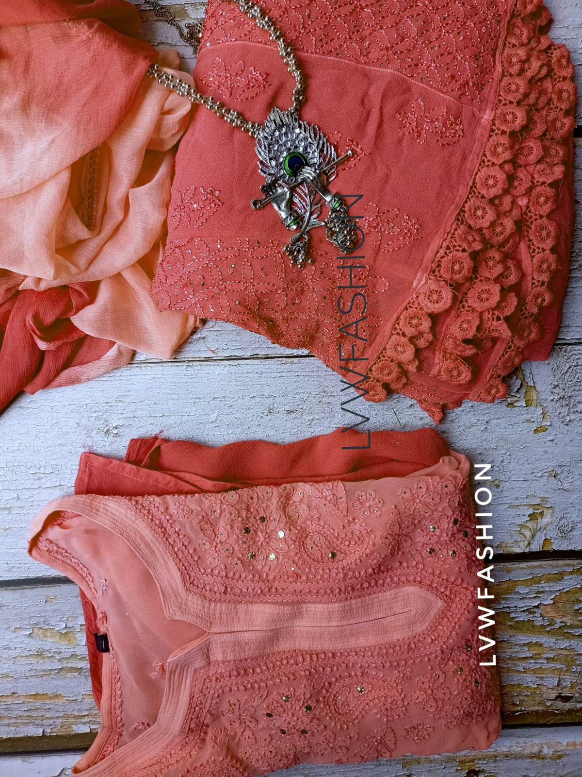 Rust orange premium georgette 3-piece set with luxurious chikankari embroidery, by LVW Fashion.