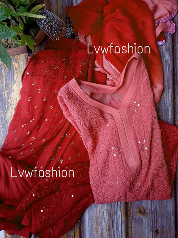 Smokey red premium georgette 3-piece set by LVW Fashion featuring intricate chikankari embroidery on the fabric.