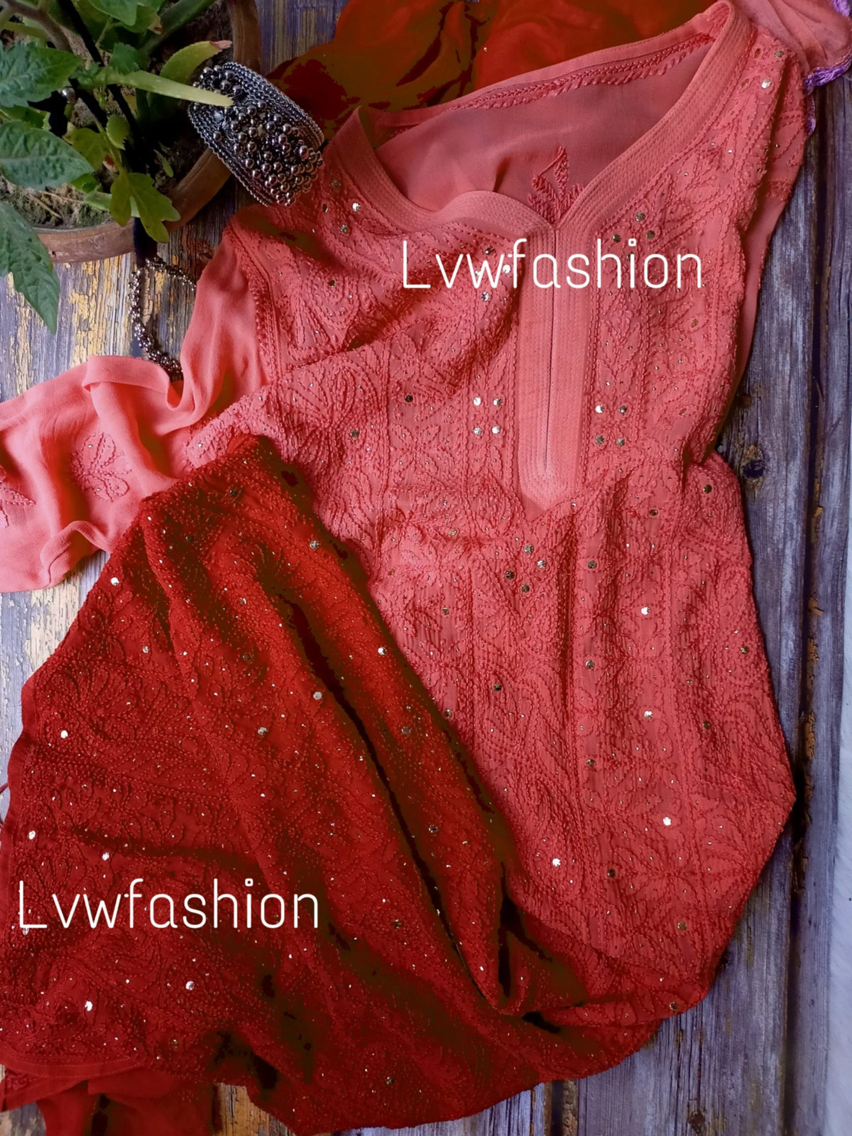 Smokey red premium georgette 3-piece set with intricate chikankari embroidery by LVW Fashion, featuring elegant traditional design.