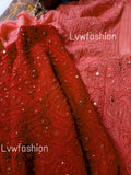 Smokey red premium georgette 3-piece set by LVW Fashion featuring luxurious chikankari embroidery and elegant fabric details.