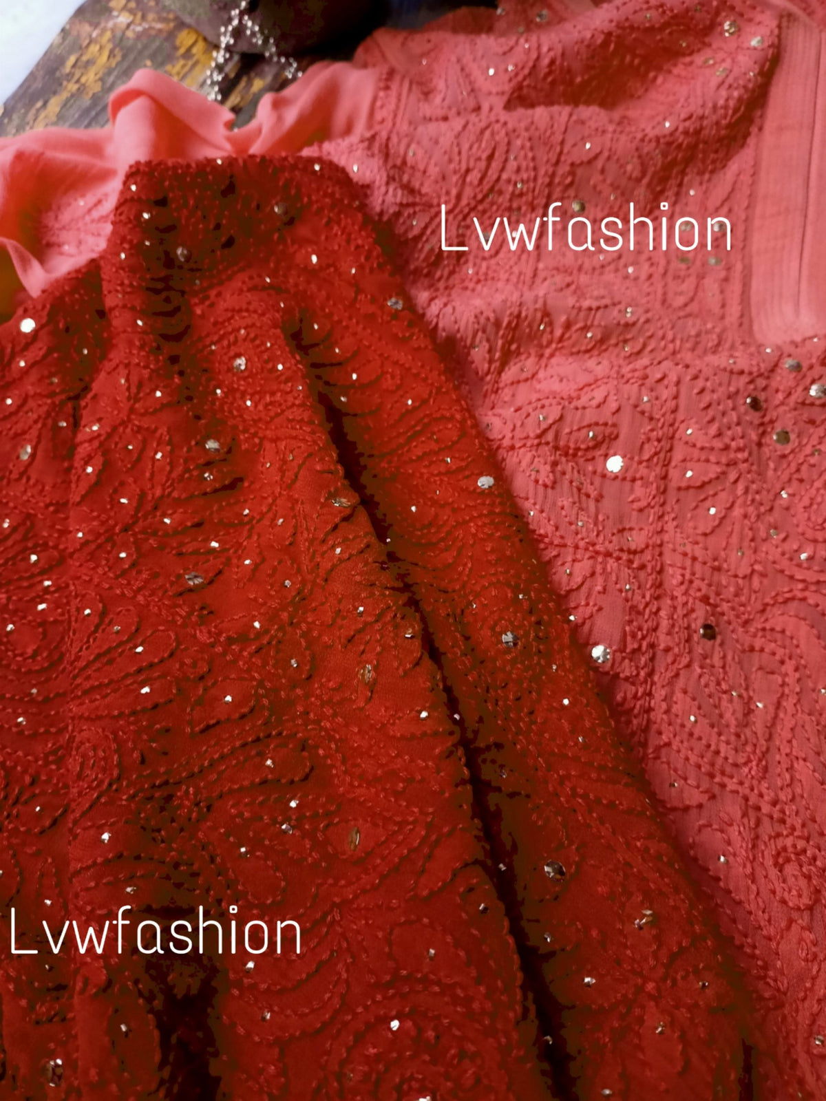Smokey red premium georgette 3-piece set by LVW Fashion featuring luxurious chikankari embroidery and elegant fabric details.