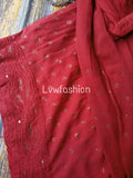 Smokey red premium Georgette 3-piece set by LVW Fashion featuring intricate Chikankari embroidery and elegant fabric details.