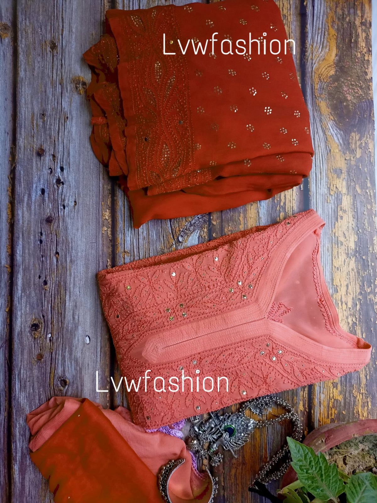 Smokey red premium georgette 3-piece set featuring intricate LVW Fashion Chikankari embroidery, elegant fabric, and traditional style.