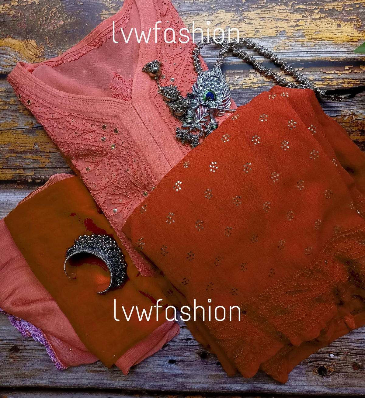 Smokey red premium georgette 3-piece set with intricate chikankari embroidery, crafted by LVW Fashion Luxurious Chikankari.