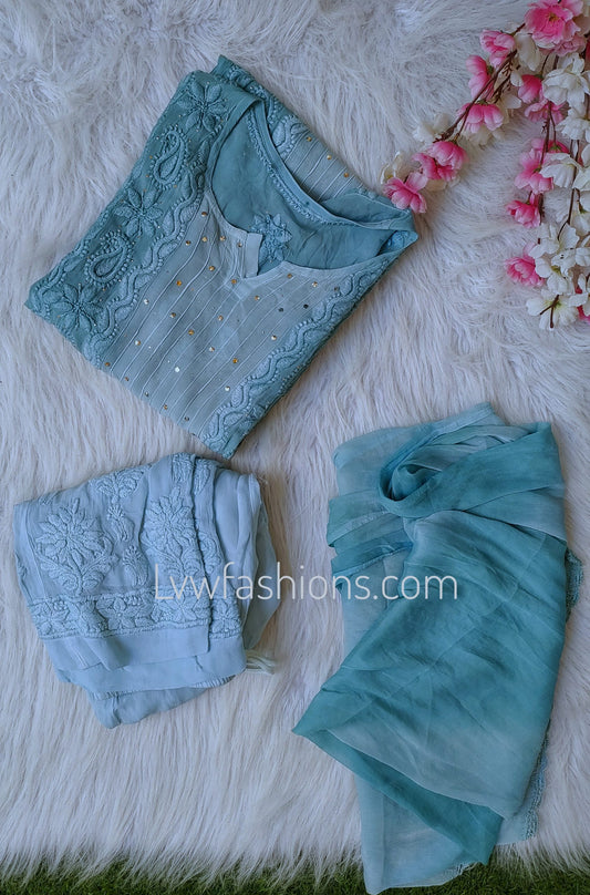 LVW Fashion luxurious Chikankari 3-piece set with premium georgette fabric and silk long slip, featuring intricate embroidery details.