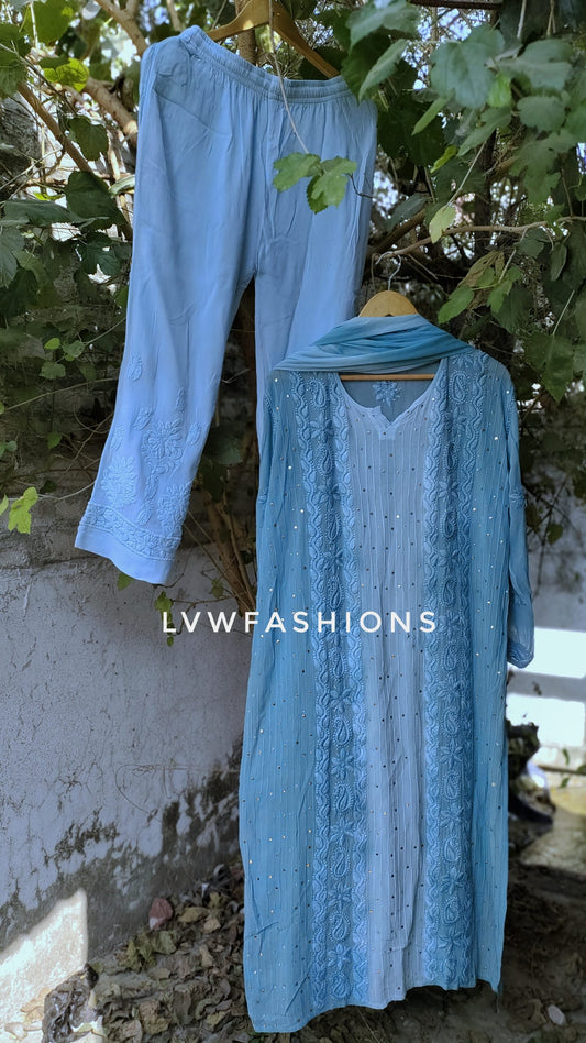 A F I Y A Premium Georgette 3-piece set with silk long slip from LVW Fashion, featuring intricate chikankari embroidery in soft pastel tones.