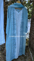 LVW Fashion luxurious Chikankari A F I Y A premium georgette 3-piece set with silk long slip, showcasing intricate embroidery and elegant fabric
