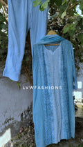 LVW Fashion luxurious Chikankari A F I Y A premium georgette 3-piece set with silk long slip inner, shown in natural fabric and design details.