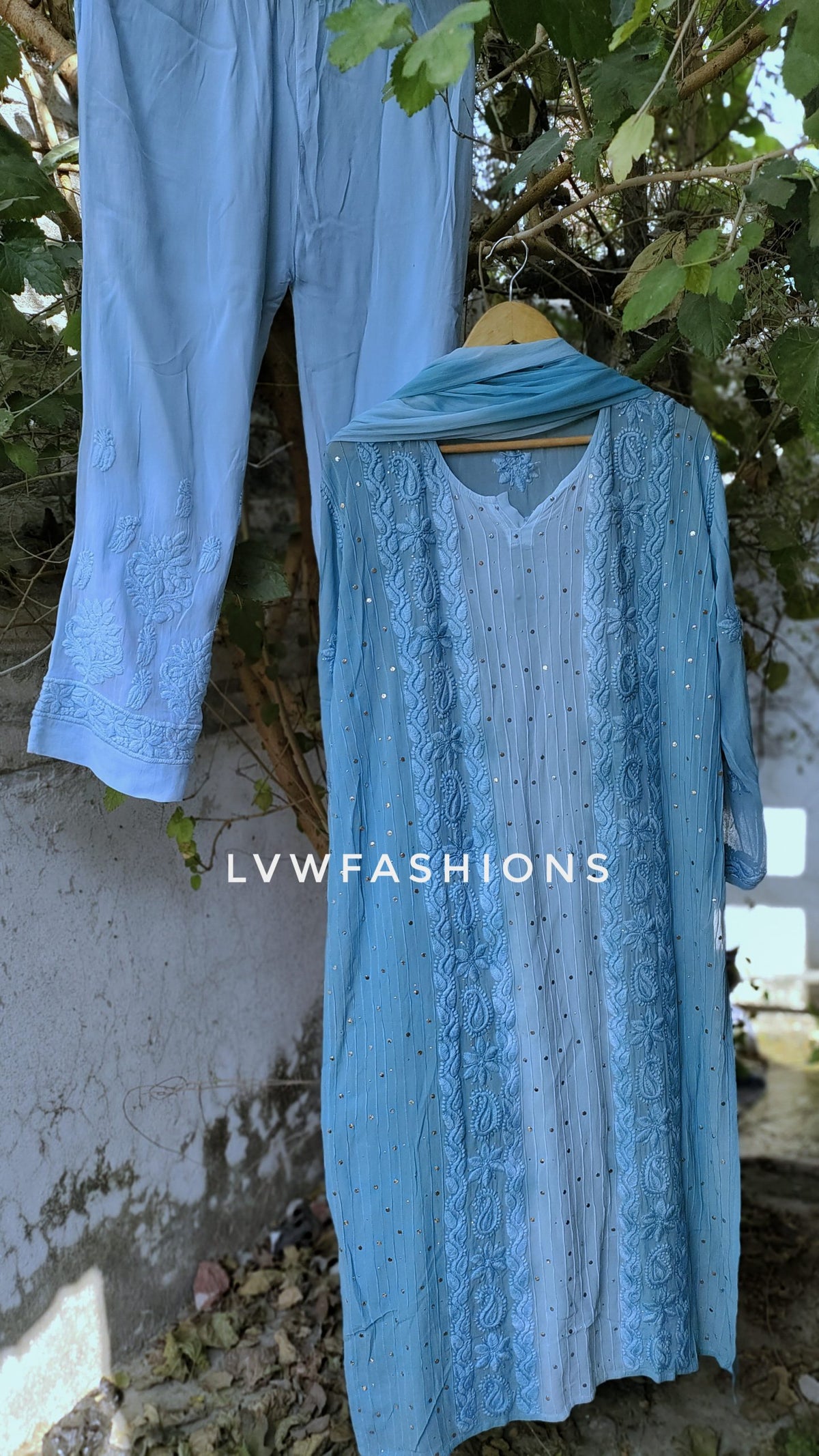 LVW Fashion luxurious Chikankari A F I Y A premium georgette 3-piece set with silk long slip inner, shown in natural fabric and design details.