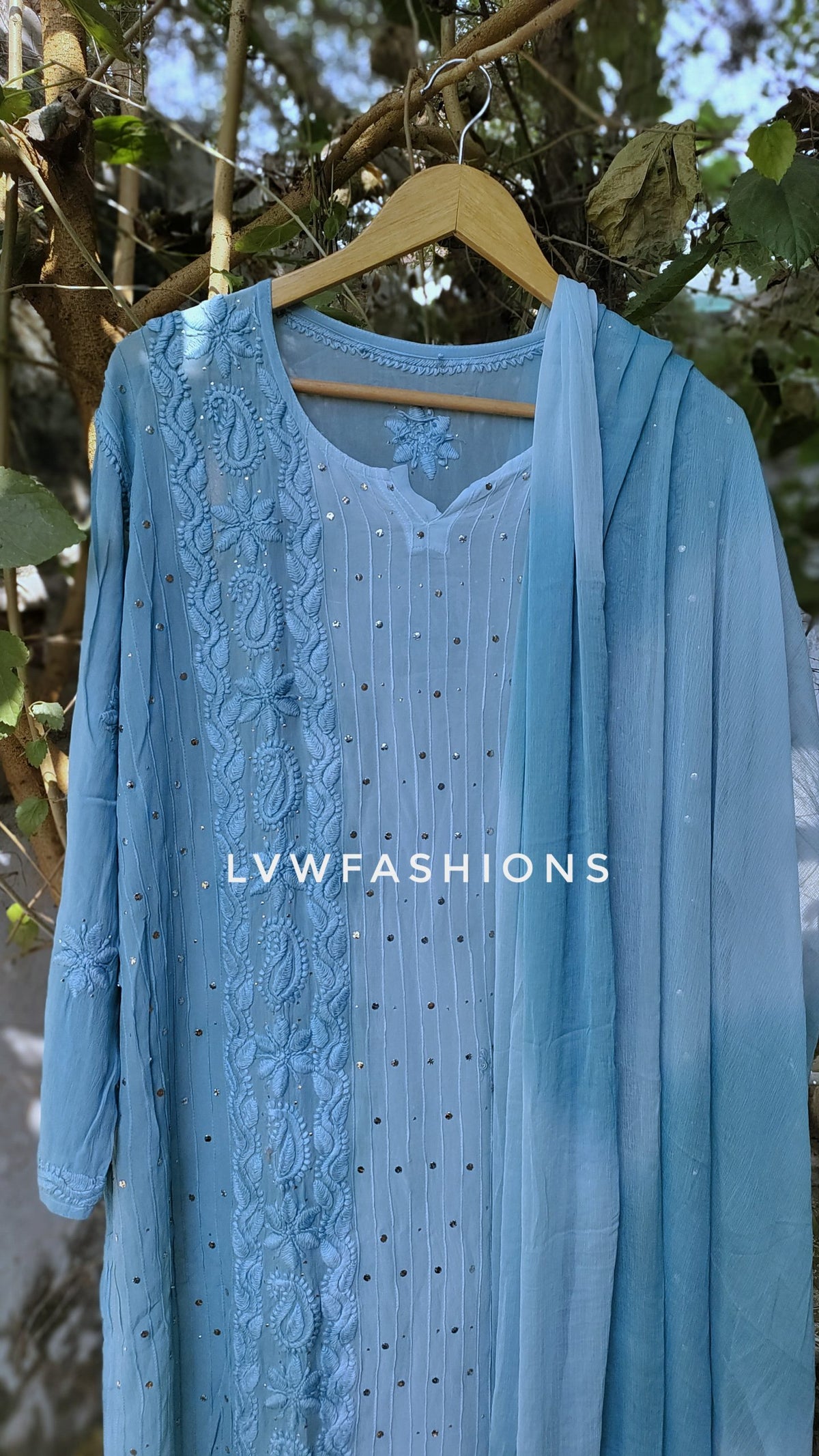 LVW Fashion luxurious chikankari 3-piece set with premium georgette fabric and silk long slip inner, elegant traditional attire.