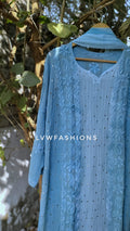 A F I Y A premium georgette 3-piece set by LVW Fashion, featuring a silk long slip inner and intricate chikankari embroidery.