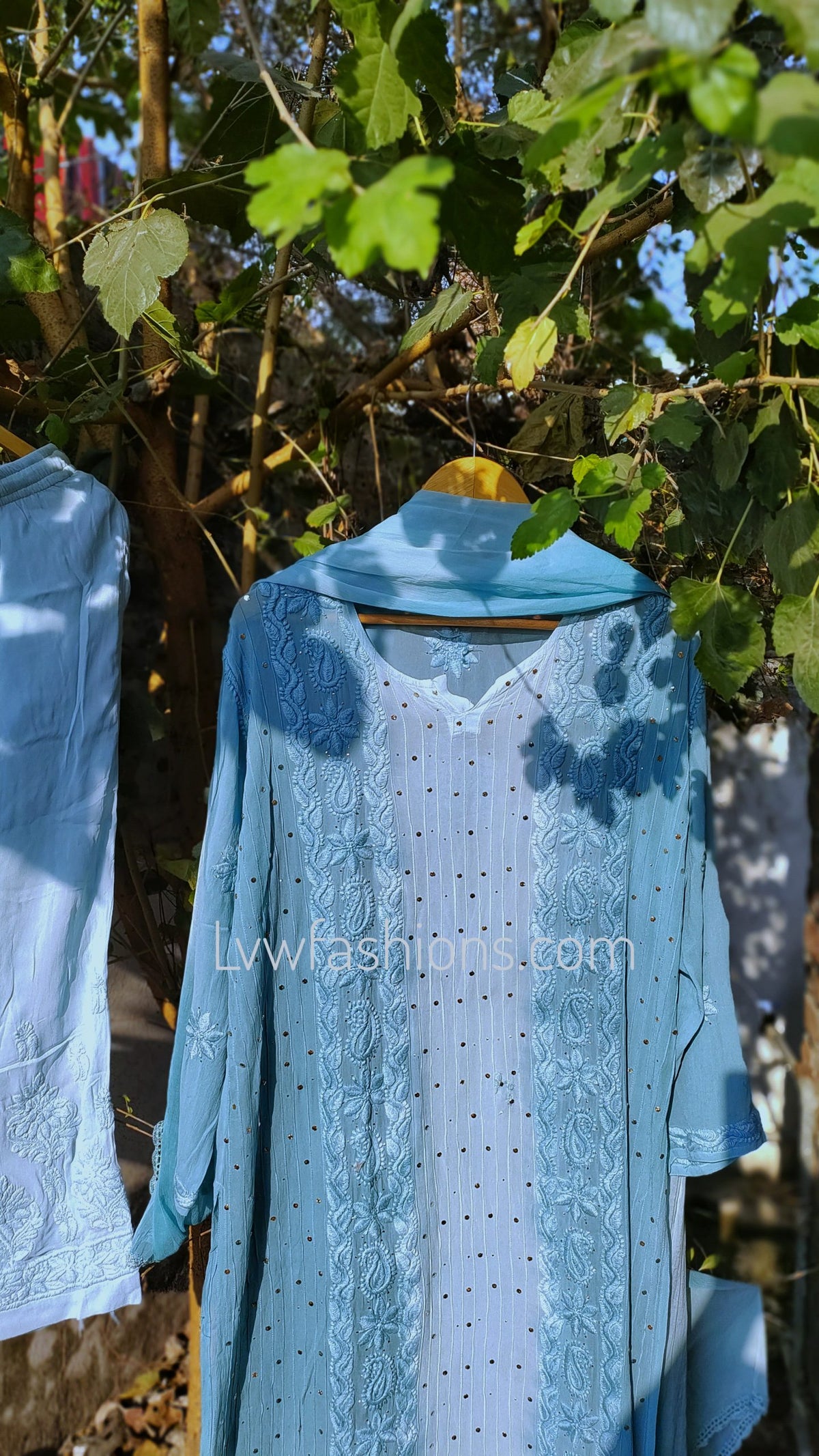 LVW Fashion luxurious Chikankari 3-piece set featuring premium georgette fabric with silk long slip inner, detailed embroidery.