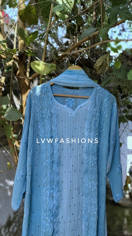 LVW Fashion luxurious chikankari kurta dupatta set with georgette fabric, intricate embroidery, and silk long slip inner.