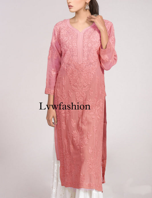 Pink Gulab Rang Georgette Kurta with Chikankari embroidery and matching slip by LVW Fashion Luxurious Chikankari.