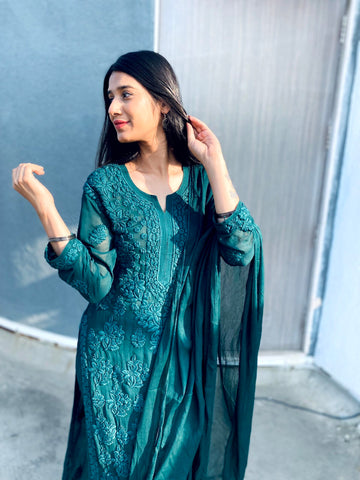 A luxurious Georgette 3-piece set by LVW Fashion Luxurious Chikankari, featuring intricate embroidery and elegant design.