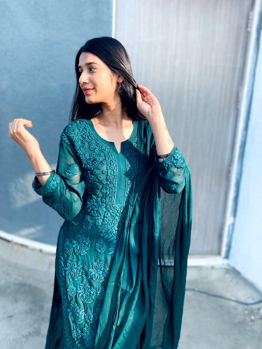 A luxurious Georgette 3-piece set by LVW Fashion Luxurious Chikankari, featuring intricate embroidery and elegant design.