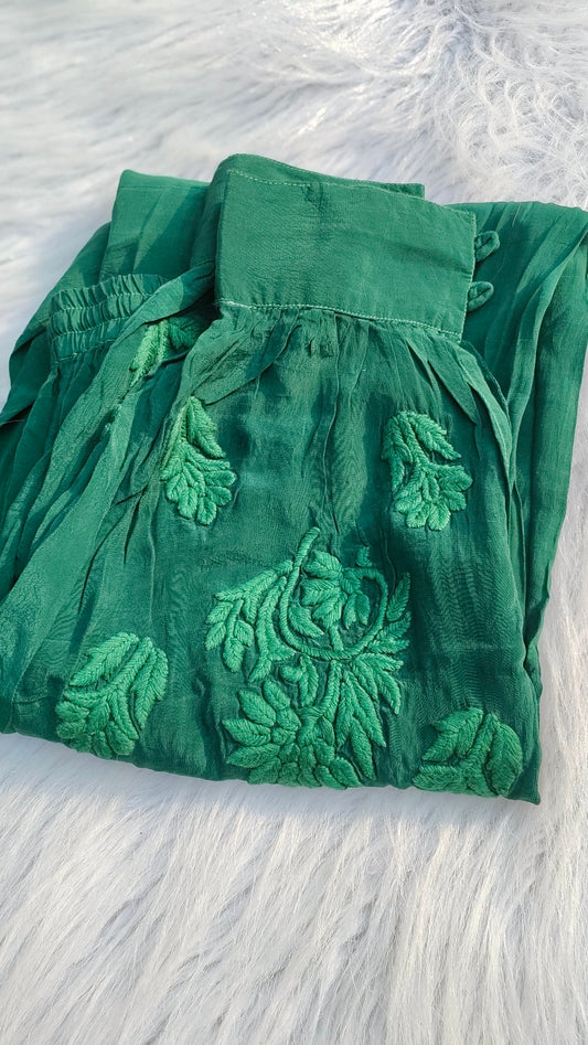 Afgaani Chikankari Tunic Pant Set Premium Silk