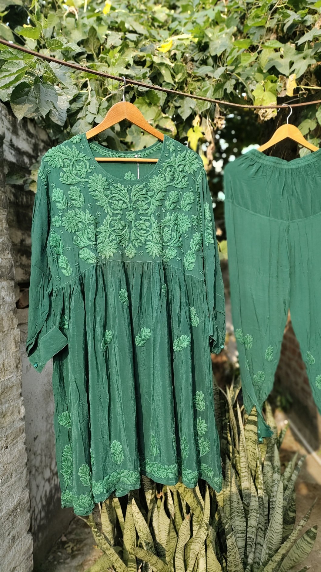 Luxurious Afgaani Chikankari silk tunic and pant set with matching dupatta, crafted by LVW Fashion in a premium silk fabric.