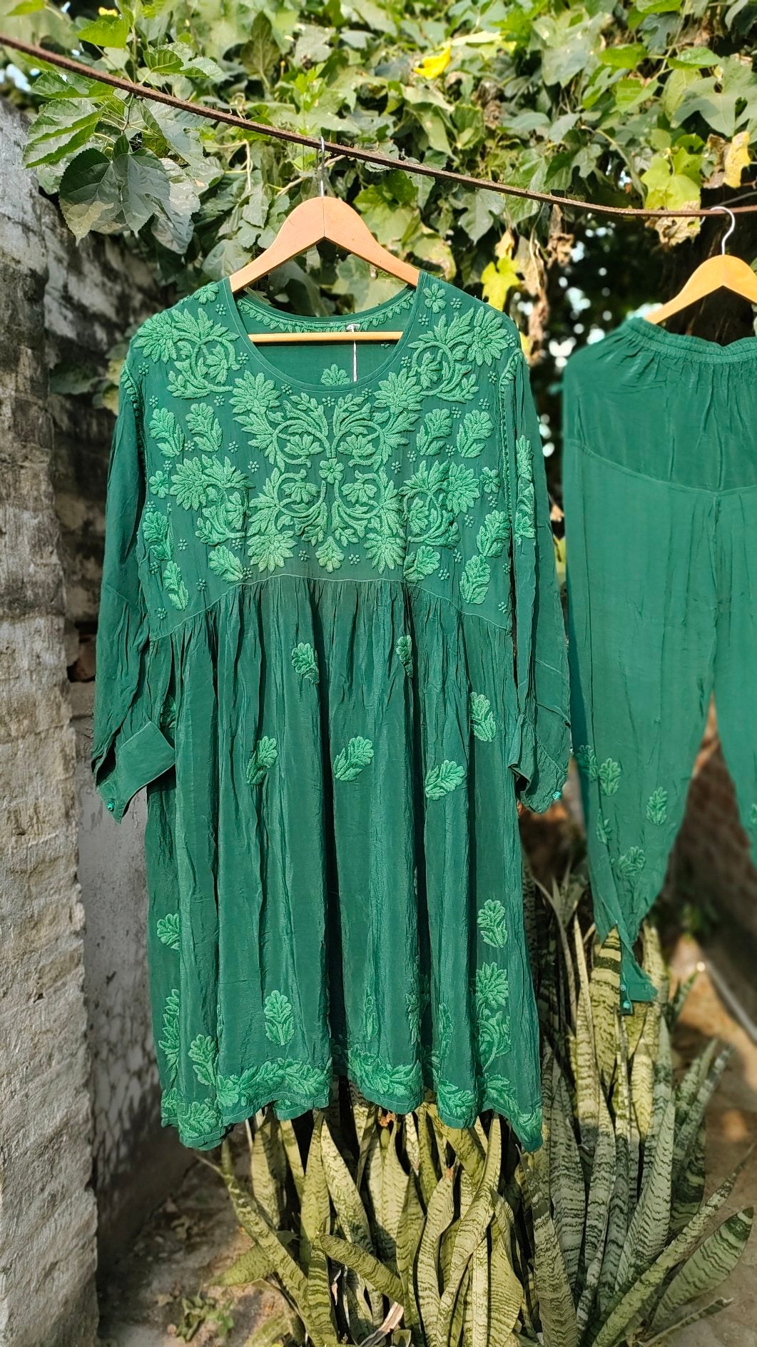 Luxurious Afgaani Chikankari silk tunic and pant set with matching dupatta by LVW Fashion, showcasing intricate embroidery and elegant design.