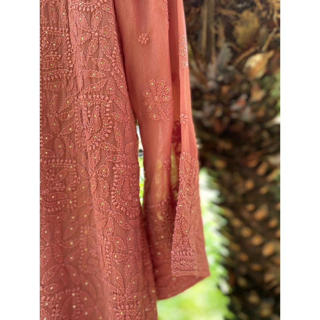 Brownie Brown premium Georgette Chikankari Gharara set with dupatta by LVW Fashion Luxurious, showcasing intricate embroidery and elegant design.