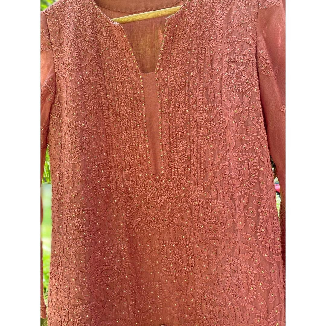 Brownie Brown Premium Georgette Gharara Set with intricate Chikankari embroidery and matching dupatta, from LVW Fashion Luxurious Chikankari.