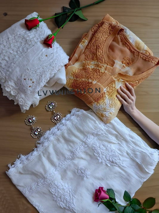 Afroza Premium Georgette Chikankari Kurta Set by LVW Fashion featuring intricate white embroidery on a soft georgette fabric.