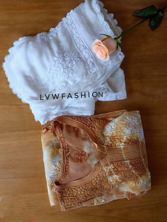 Afroza Premium Georgette Chikankari Kurta Set by LVW Fashion featuring intricate white chikankari embroidery on soft georgette fabric.