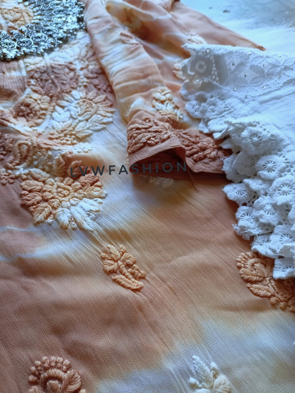 Afroza Premium Georgette Chikankari Kurta Set by LVW Fashion featuring intricate white chikankari embroidery and elegant design.
