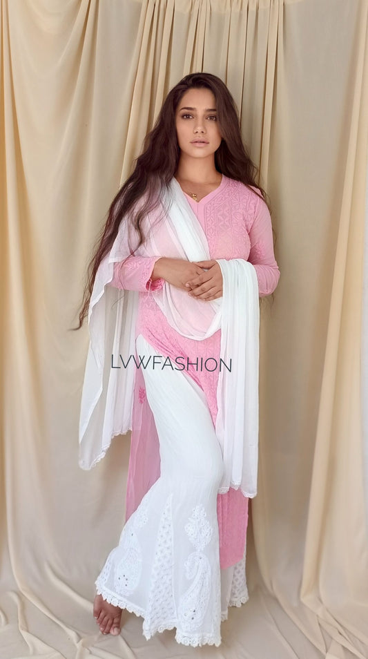 Baby pink premium georgette 3-piece set by LVW Fashion with elegant chikankari embroidery for girls.
