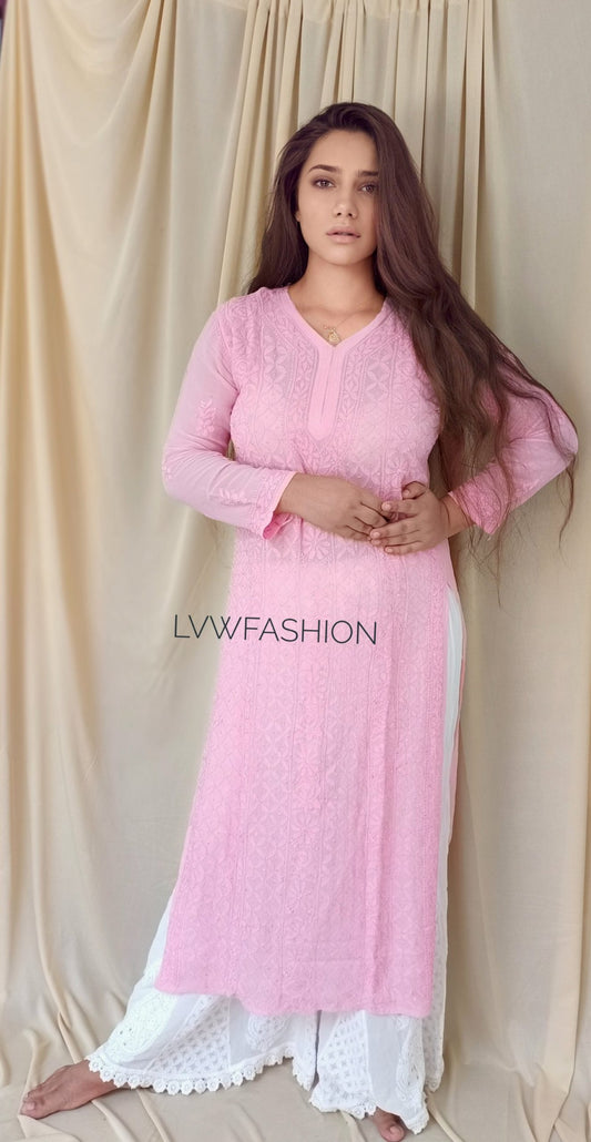 Baby pink premium georgette 3-piece set by LVW Fashion Luxurious Chikankari, featuring intricate embroidery and soft fabric.