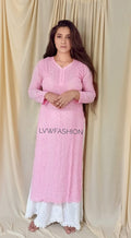 Baby pink premium georgette 3-piece set by LVW Fashion with intricate chikankari embroidery, perfect for elegant traditional wear.