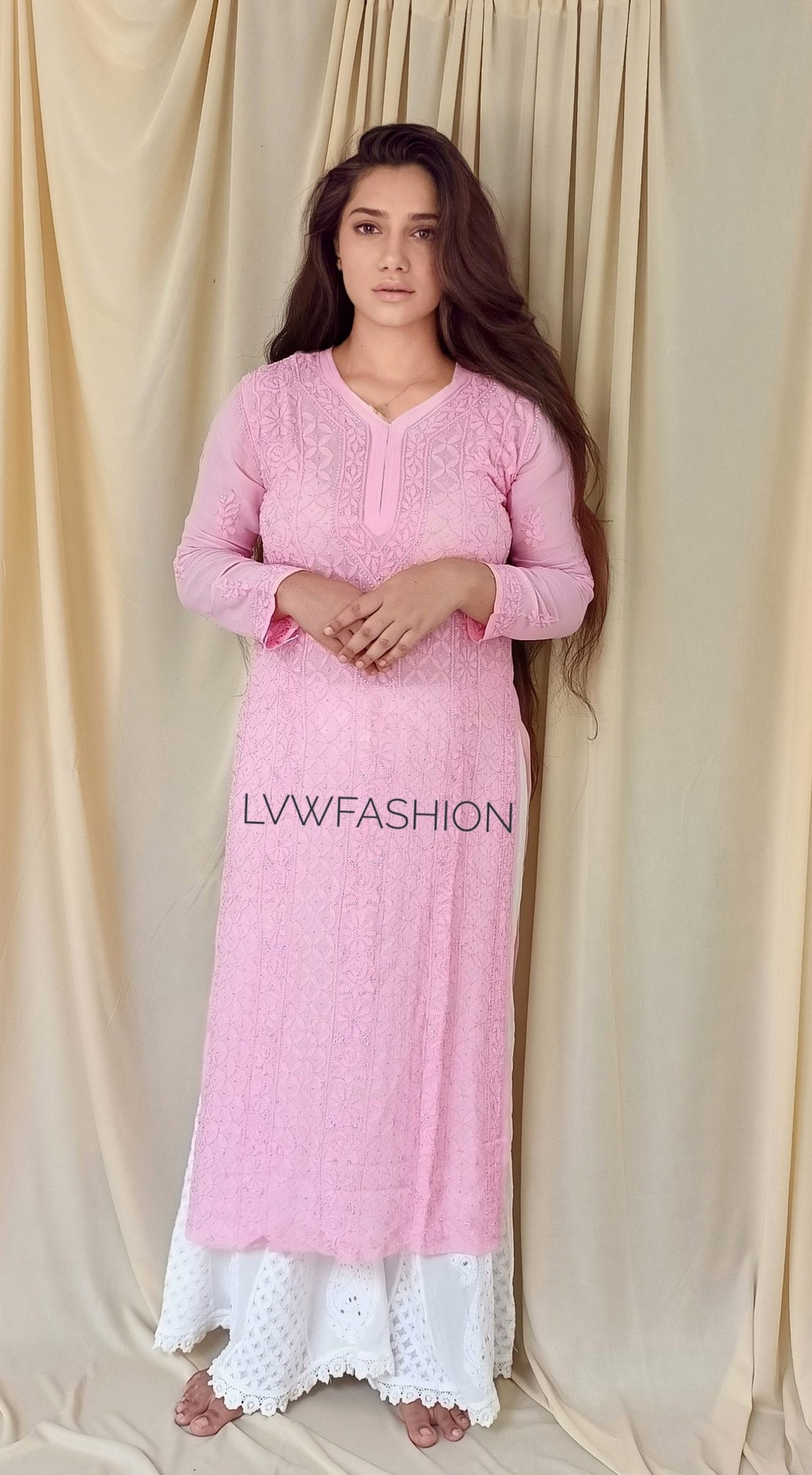 Baby pink premium georgette 3-piece set by LVW Fashion with intricate chikankari embroidery, perfect for elegant traditional wear.