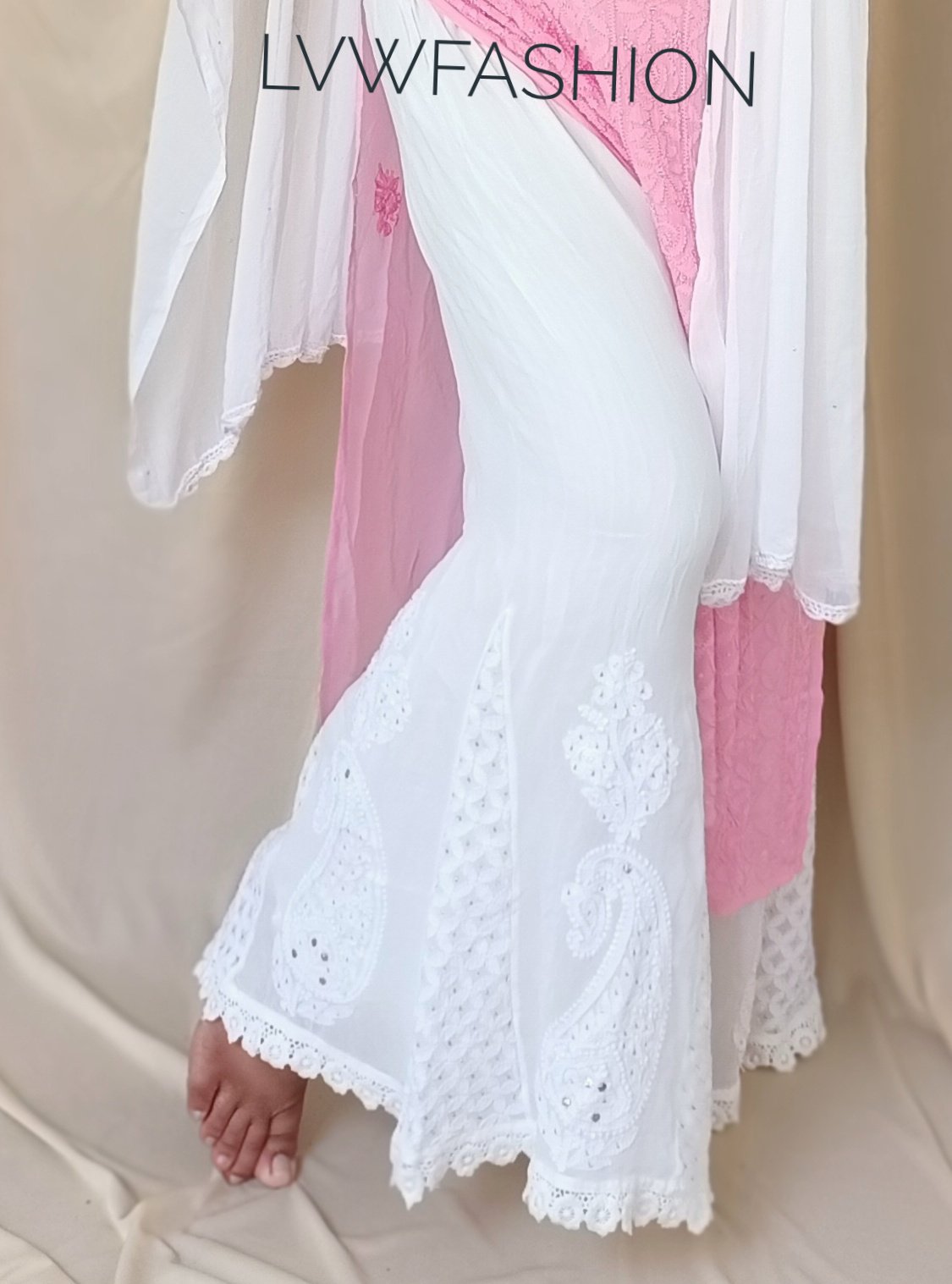 Baby pink premium georgette 3-piece set by LVW Fashion Luxurious Chikankari, featuring intricate embroidery and soft fabric.